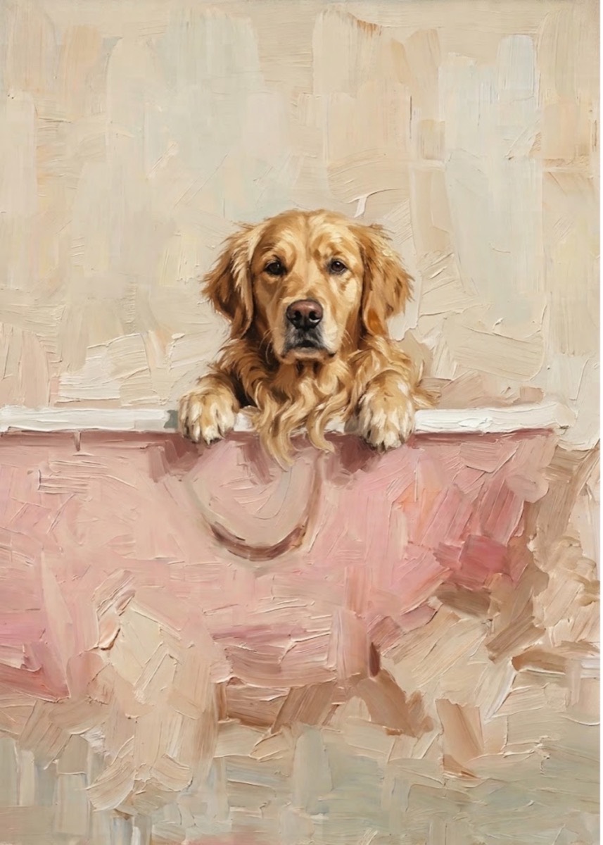 Golden retriever som tittar upp ur ett rosa badkar